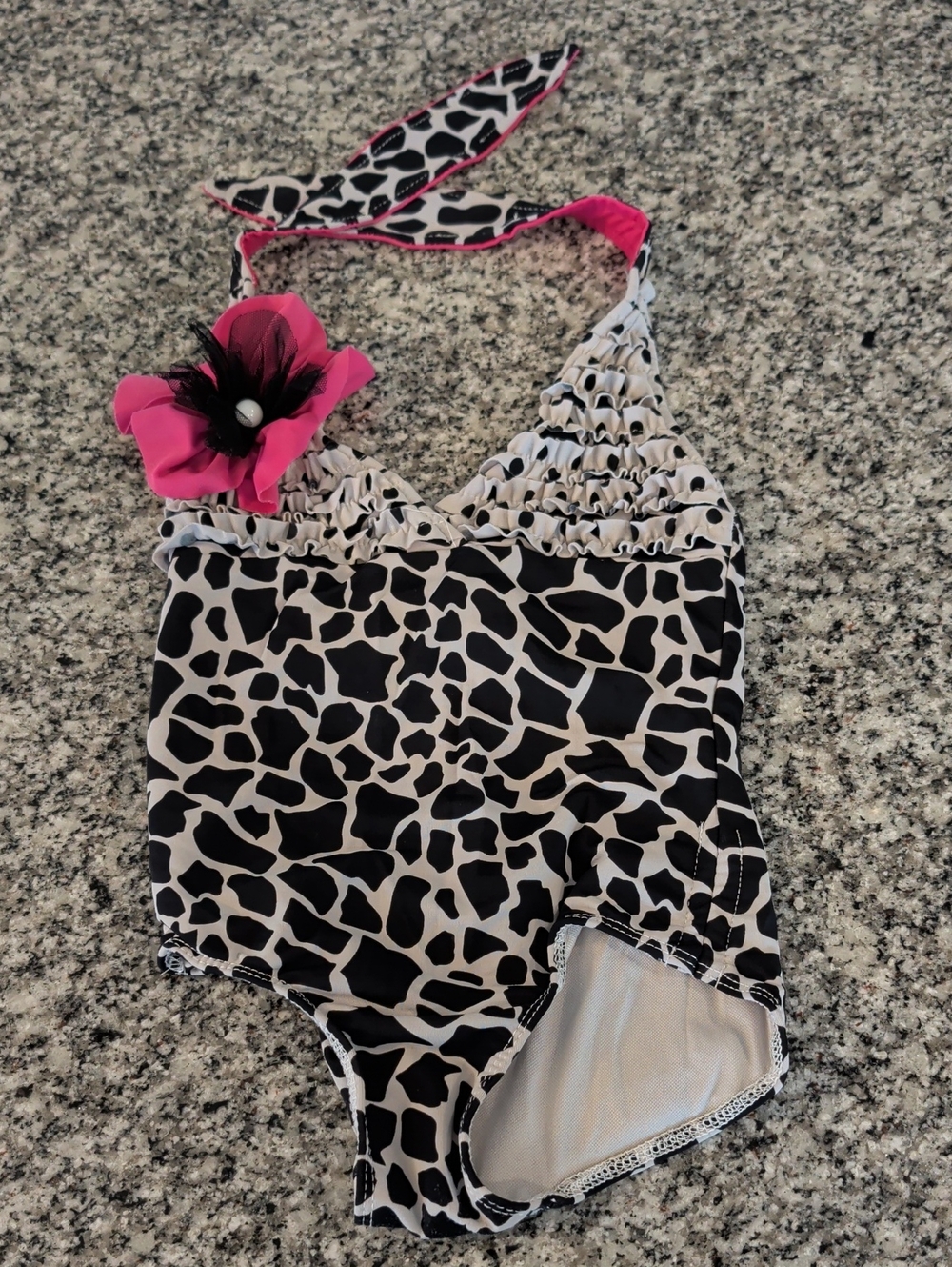 Black and White Giraffe Print One-Piece Swimsuit with Pink Flower